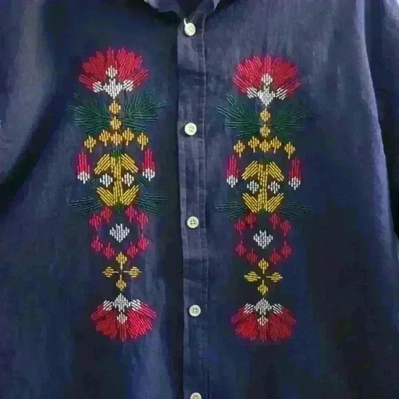 FOLK | Men's Navy  Short Sleeved Linen Blend Camp Southwestern Shirt - Picture 2 of 3